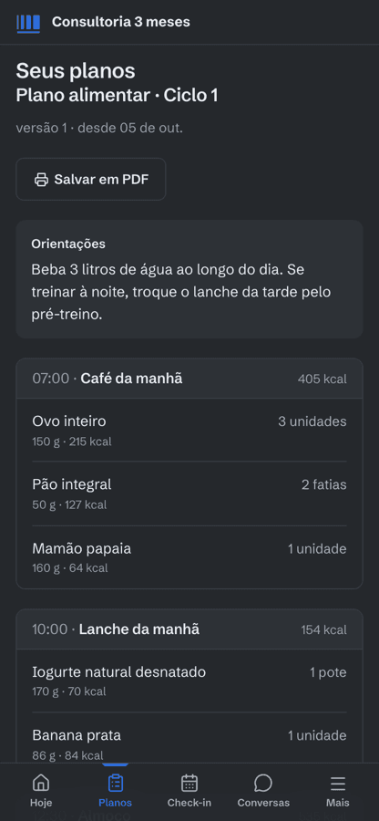 SOMA, tela de dieta do aluno na tela do celular